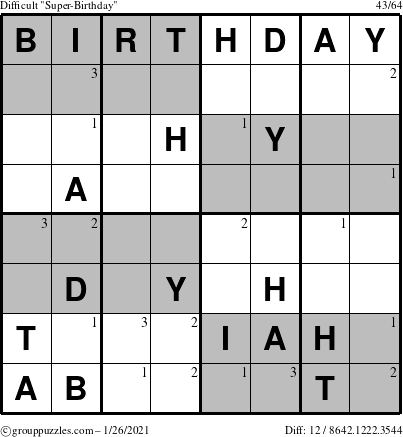 The grouppuzzles.com Difficult Super-Birthday puzzle for Tuesday January 26, 2021 with the first 3 steps marked