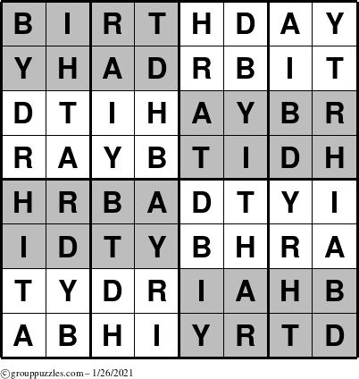 The grouppuzzles.com Answer grid for the Super-Birthday puzzle for Tuesday January 26, 2021