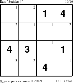 The grouppuzzles.com Easy Sudoku-4 puzzle for Sunday January 3, 2021 with the first 3 steps marked