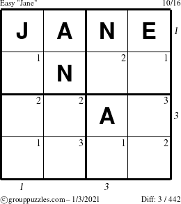 The grouppuzzles.com Easy Jane puzzle for Sunday January 3, 2021 with all 3 steps marked