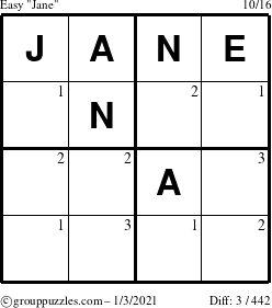 The grouppuzzles.com Easy Jane puzzle for Sunday January 3, 2021 with the first 3 steps marked