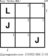 The grouppuzzles.com Easy TicTac-JKL puzzle for Sunday January 3, 2021 with all 2 steps marked