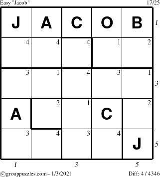 The grouppuzzles.com Easy Jacob puzzle for Sunday January 3, 2021 with all 4 steps marked