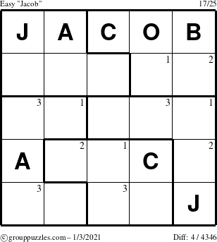 The grouppuzzles.com Easy Jacob puzzle for Sunday January 3, 2021 with the first 3 steps marked