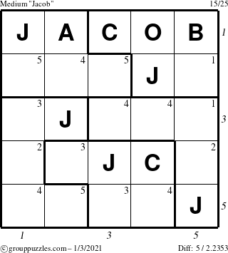 The grouppuzzles.com Medium Jacob puzzle for Sunday January 3, 2021 with all 5 steps marked