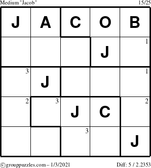 The grouppuzzles.com Medium Jacob puzzle for Sunday January 3, 2021 with the first 3 steps marked