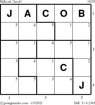 The grouppuzzles.com Difficult Jacob puzzle for Sunday January 3, 2021 with all 5 steps marked