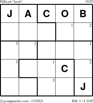 The grouppuzzles.com Difficult Jacob puzzle for Sunday January 3, 2021 with the first 3 steps marked