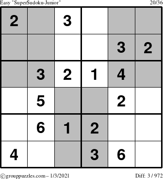 The grouppuzzles.com Easy SuperSudoku-Junior puzzle for Sunday January 3, 2021