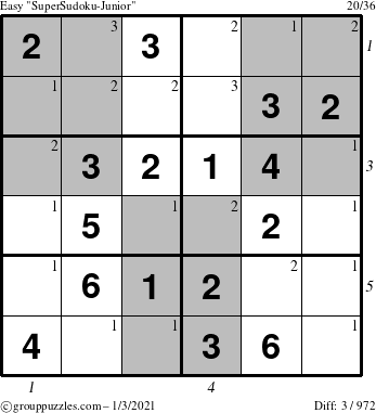 The grouppuzzles.com Easy SuperSudoku-Junior puzzle for Sunday January 3, 2021 with all 3 steps marked