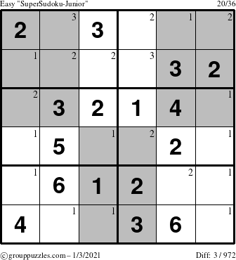 The grouppuzzles.com Easy SuperSudoku-Junior puzzle for Sunday January 3, 2021 with the first 3 steps marked