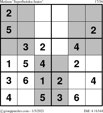 The grouppuzzles.com Medium SuperSudoku-Junior puzzle for Sunday January 3, 2021