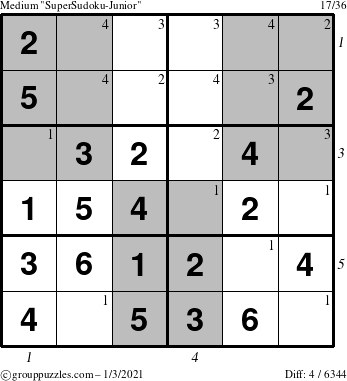 The grouppuzzles.com Medium SuperSudoku-Junior puzzle for Sunday January 3, 2021 with all 4 steps marked