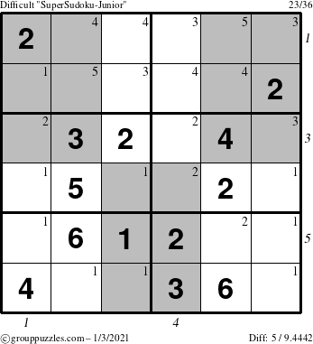 The grouppuzzles.com Difficult SuperSudoku-Junior puzzle for Sunday January 3, 2021 with all 5 steps marked