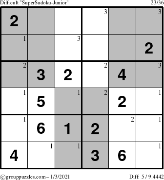 The grouppuzzles.com Difficult SuperSudoku-Junior puzzle for Sunday January 3, 2021 with the first 3 steps marked