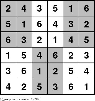 The grouppuzzles.com Answer grid for the SuperSudoku-Junior puzzle for Sunday January 3, 2021