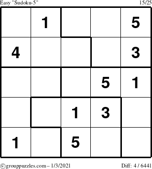 The grouppuzzles.com Easy Sudoku-5 puzzle for Sunday January 3, 2021