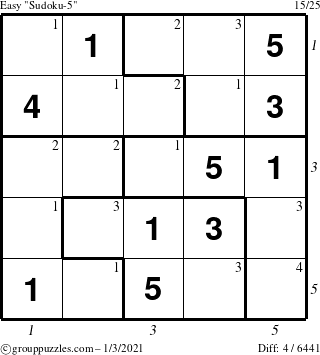 The grouppuzzles.com Easy Sudoku-5 puzzle for Sunday January 3, 2021 with all 4 steps marked