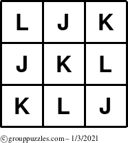 The grouppuzzles.com Answer grid for the TicTac-JKL puzzle for Sunday January 3, 2021