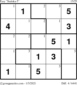 The grouppuzzles.com Easy Sudoku-5 puzzle for Sunday January 3, 2021 with the first 3 steps marked