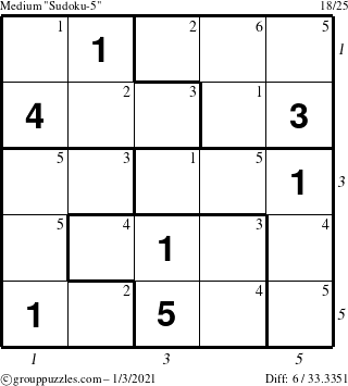 The grouppuzzles.com Medium Sudoku-5 puzzle for Sunday January 3, 2021 with all 6 steps marked