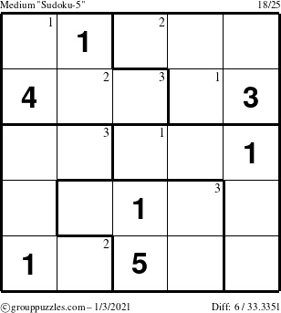 The grouppuzzles.com Medium Sudoku-5 puzzle for Sunday January 3, 2021 with the first 3 steps marked