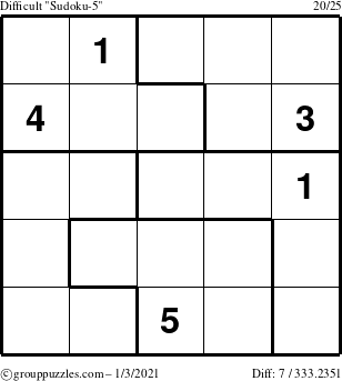 The grouppuzzles.com Difficult Sudoku-5 puzzle for Sunday January 3, 2021