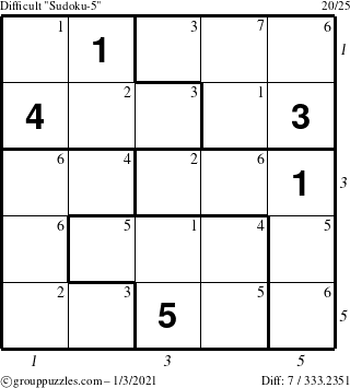 The grouppuzzles.com Difficult Sudoku-5 puzzle for Sunday January 3, 2021 with all 7 steps marked