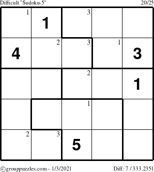 The grouppuzzles.com Difficult Sudoku-5 puzzle for Sunday January 3, 2021 with the first 3 steps marked