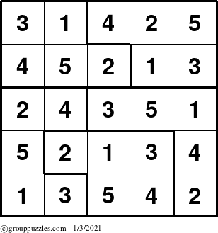 The grouppuzzles.com Answer grid for the Sudoku-5 puzzle for Sunday January 3, 2021