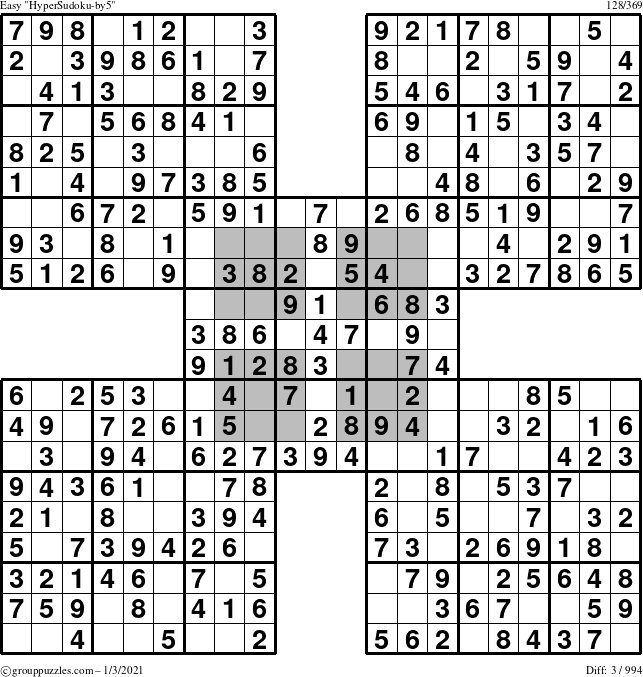 The grouppuzzles.com Easy HyperSudoku-by5 puzzle for Sunday January 3, 2021