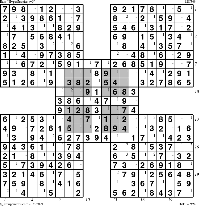 The grouppuzzles.com Easy HyperSudoku-by5 puzzle for Sunday January 3, 2021 with all 3 steps marked