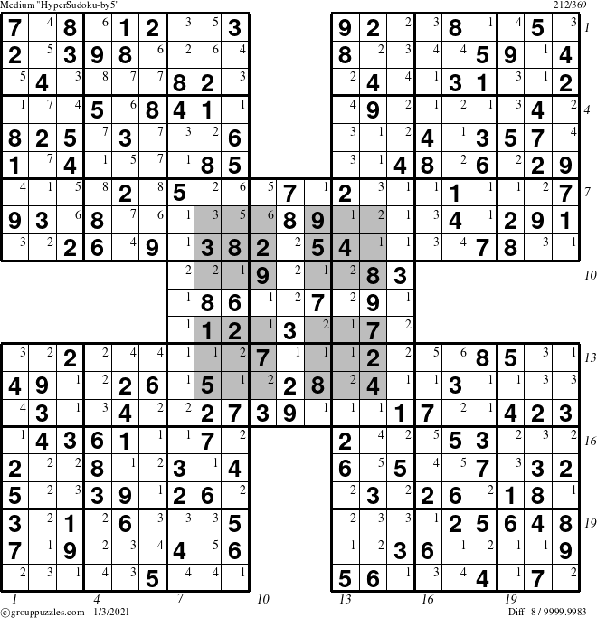 The grouppuzzles.com Medium HyperSudoku-by5 puzzle for Sunday January 3, 2021 with all 8 steps marked