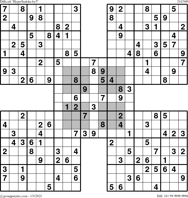 The grouppuzzles.com Difficult HyperSudoku-by5 puzzle for Sunday January 3, 2021