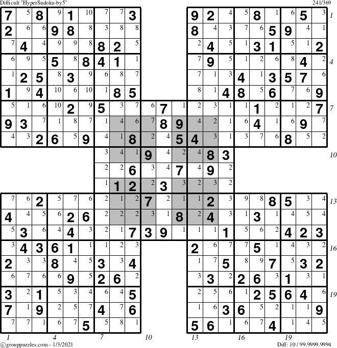 The grouppuzzles.com Difficult HyperSudoku-by5 puzzle for Sunday January 3, 2021 with all 10 steps marked