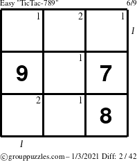 The grouppuzzles.com Easy TicTac-789 puzzle for Sunday January 3, 2021 with all 2 steps marked