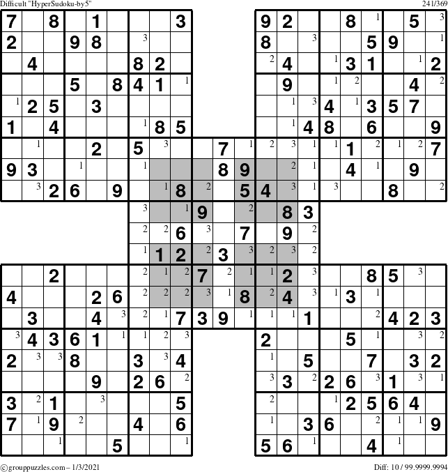 The grouppuzzles.com Difficult HyperSudoku-by5 puzzle for Sunday January 3, 2021 with the first 3 steps marked