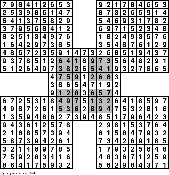 The grouppuzzles.com Answer grid for the HyperSudoku-by5 puzzle for Sunday January 3, 2021