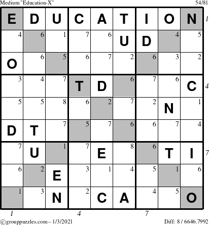 The grouppuzzles.com Medium Education-X puzzle for Sunday January 3, 2021 with all 8 steps marked