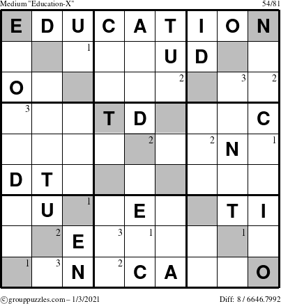 The grouppuzzles.com Medium Education-X puzzle for Sunday January 3, 2021 with the first 3 steps marked