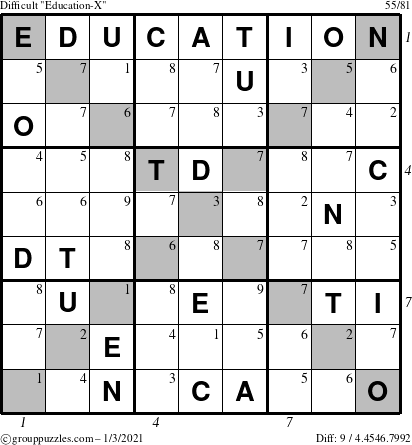 The grouppuzzles.com Difficult Education-X puzzle for Sunday January 3, 2021 with all 9 steps marked