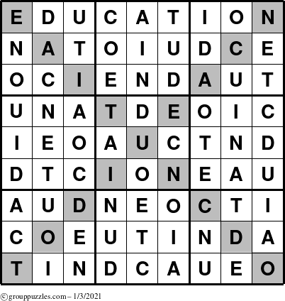 The grouppuzzles.com Answer grid for the Education-X puzzle for Sunday January 3, 2021