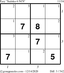 The grouppuzzles.com Easy Sudoku-4-5678 puzzle for Monday December 14, 2020 with all 3 steps marked