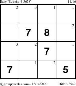 The grouppuzzles.com Easy Sudoku-4-5678 puzzle for Monday December 14, 2020 with the first 3 steps marked