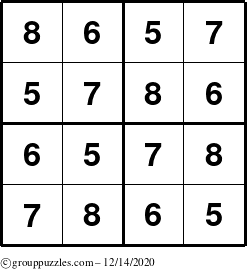 The grouppuzzles.com Answer grid for the Sudoku-4-5678 puzzle for Monday December 14, 2020