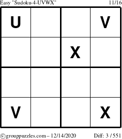 The grouppuzzles.com Easy Sudoku-4-UVWX puzzle for Monday December 14, 2020