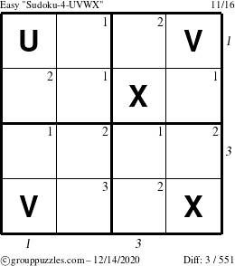 The grouppuzzles.com Easy Sudoku-4-UVWX puzzle for Monday December 14, 2020, suitable for printing, with all 3 steps marked