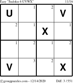 The grouppuzzles.com Easy Sudoku-4-UVWX puzzle for Monday December 14, 2020 with the first 3 steps marked