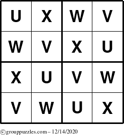 The grouppuzzles.com Answer grid for the Sudoku-4-UVWX puzzle for Monday December 14, 2020