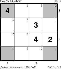 The grouppuzzles.com Easy Sudoku-4-OC puzzle for Monday December 14, 2020 with all 3 steps marked